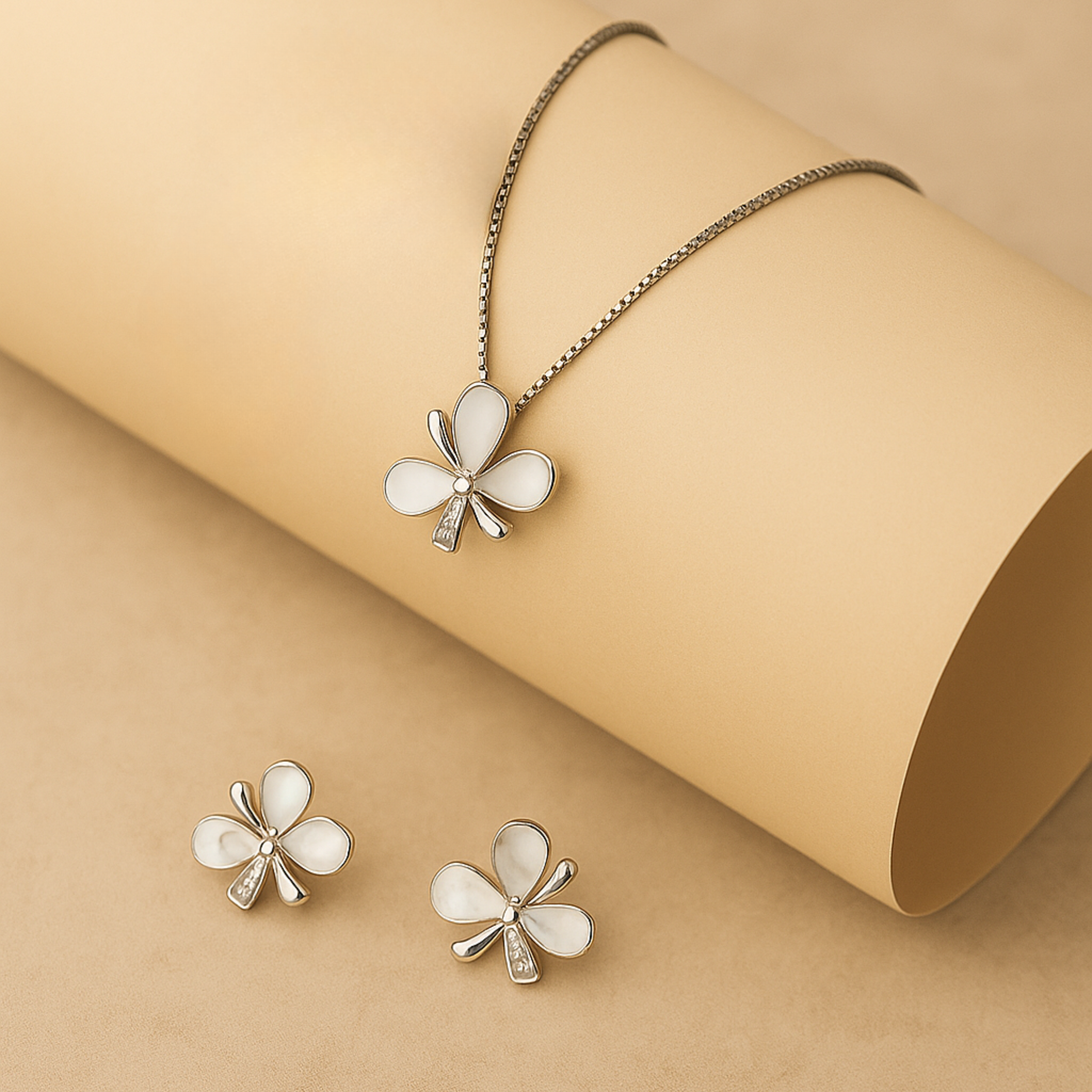 Petal Grace Set – Mother of Pearl Flower Pendant Earrings